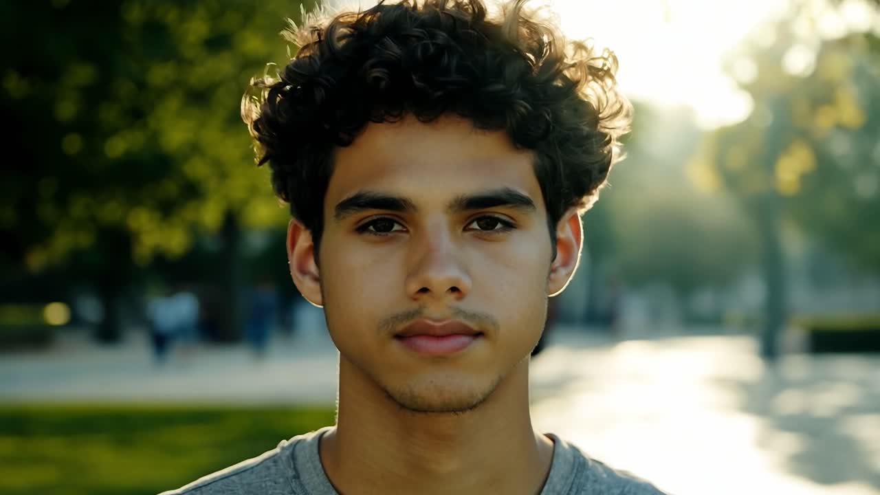 un joven con el cabello rizado sonríe mientras mira la cámara en un parque