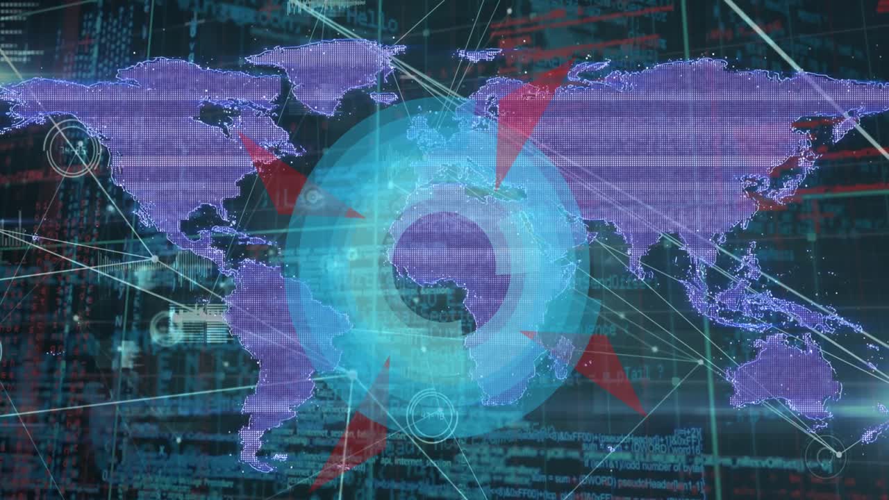 Animation of globe and data processing over man in server room