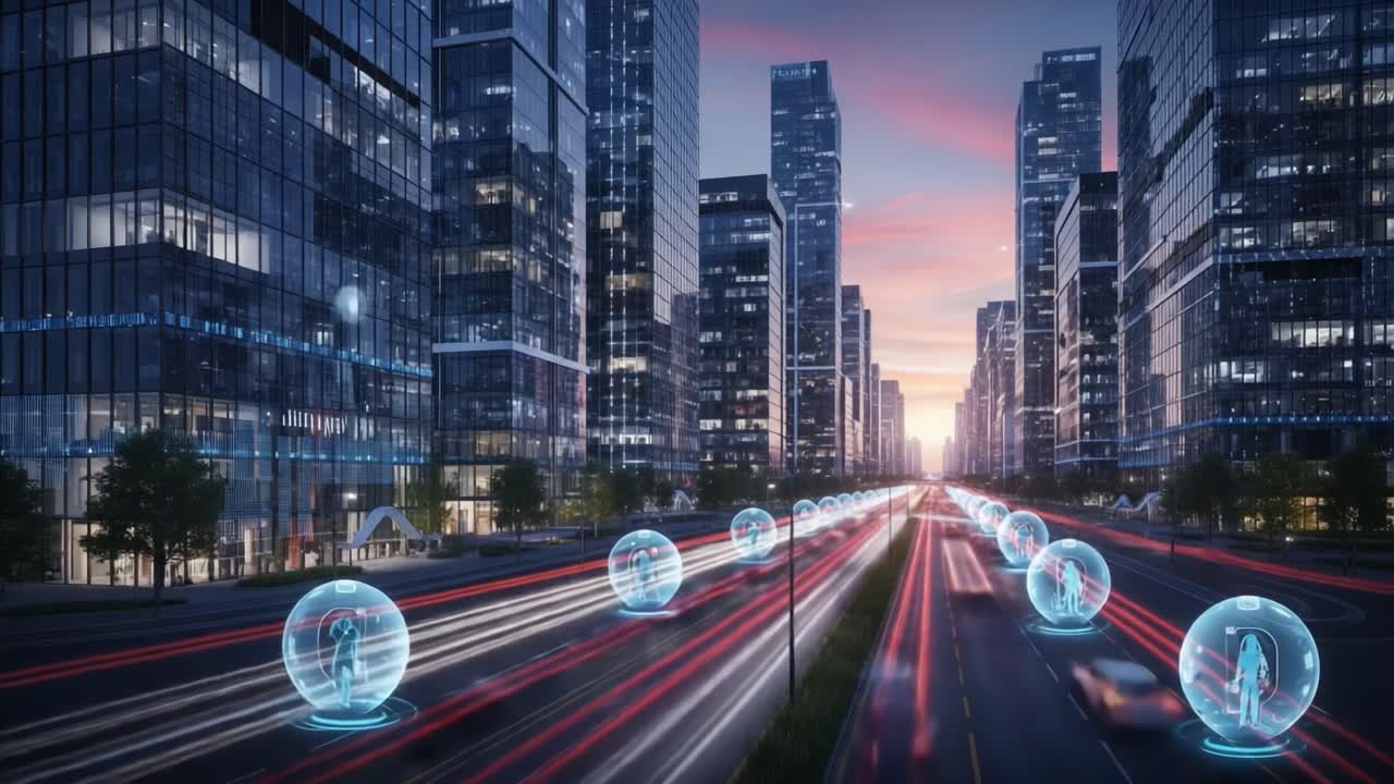 Futuristic Urban Scene with Transparent Protective Spheres Encasing People Along a Busy City Street at Dusk, Highlighting Technology and Modern Architecture