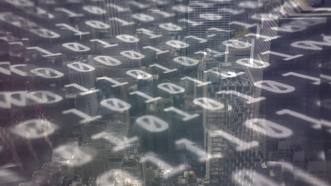 바이너리 코딩의 디지털 애니메이션 백그라운드의 도시 풍경에 대한 디지털 데이터 처리