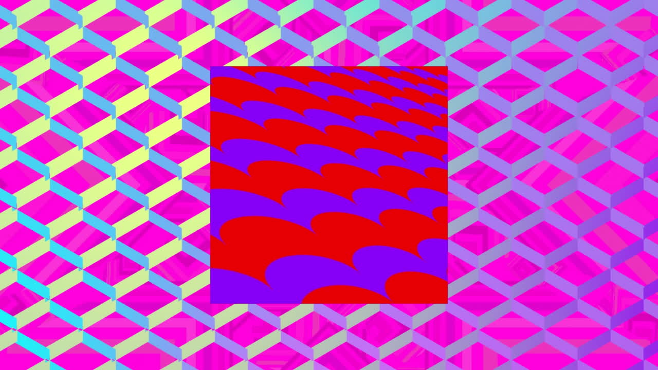 animación de un cuadrado rojo con ondas púrpuras sobre una cuadrícula de diamantes azules sobre un fondo rosa