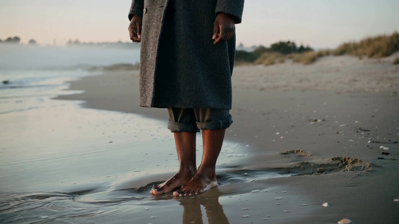 Donna in piedi che si sposta con l'onda in arrivo, spingendo i piedi nella sabbia bagnata, indossando un lungo cappotto grigio.