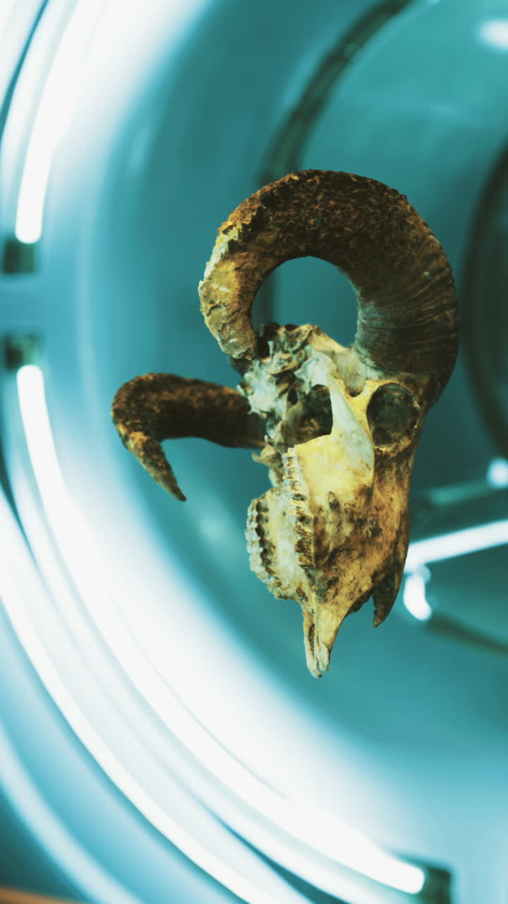 Unique ram skull displayed in a futuristic setting with glowing blue lighting