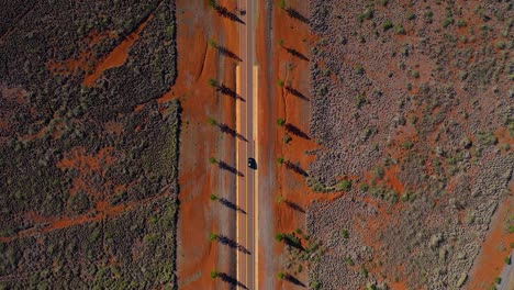 Arriba-Hacia-Abajo-De-La-Antena-De-Conducción-De-Automóviles-A-Través-De-Un-Carril-De-árboles-En-Un-Campo-Remoto---Paisaje-Rural-Con-Escasa-Vegetación-Y-Suciedad-Roja-En-Lanai,-Hawaii