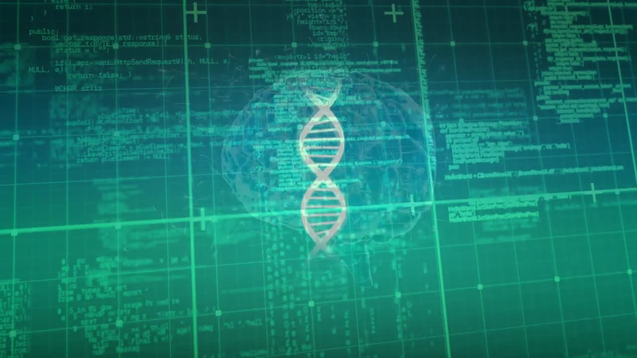 Animation of data processing, dna and brain in green space