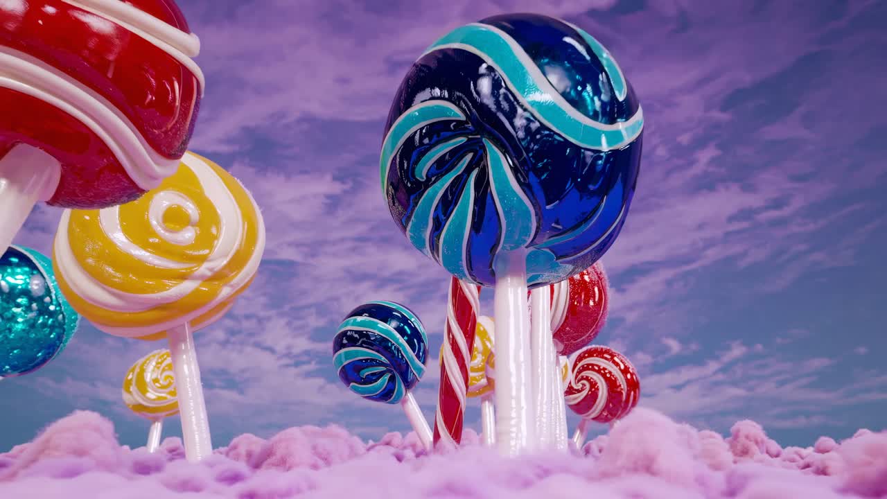 Whimsical video scene of giant lollipops from a low-angle view, set against a dreamy sky