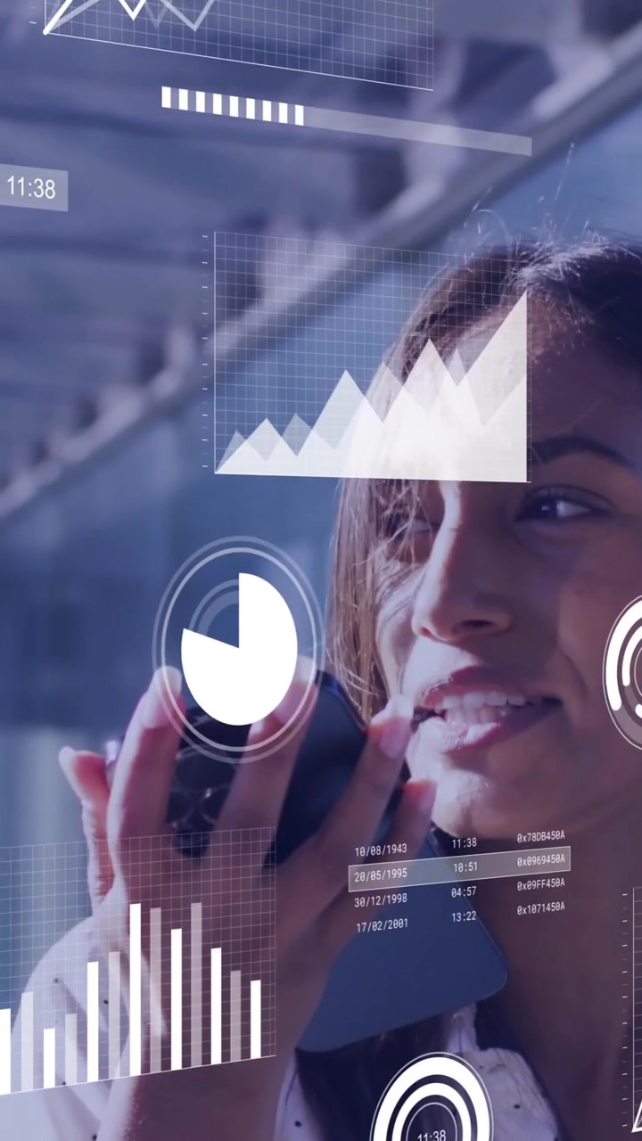 Animation of data processing over businesswoman using smartphone in airport