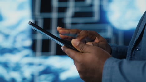 Black cybernetics expert reviewing artificial intelligence interface