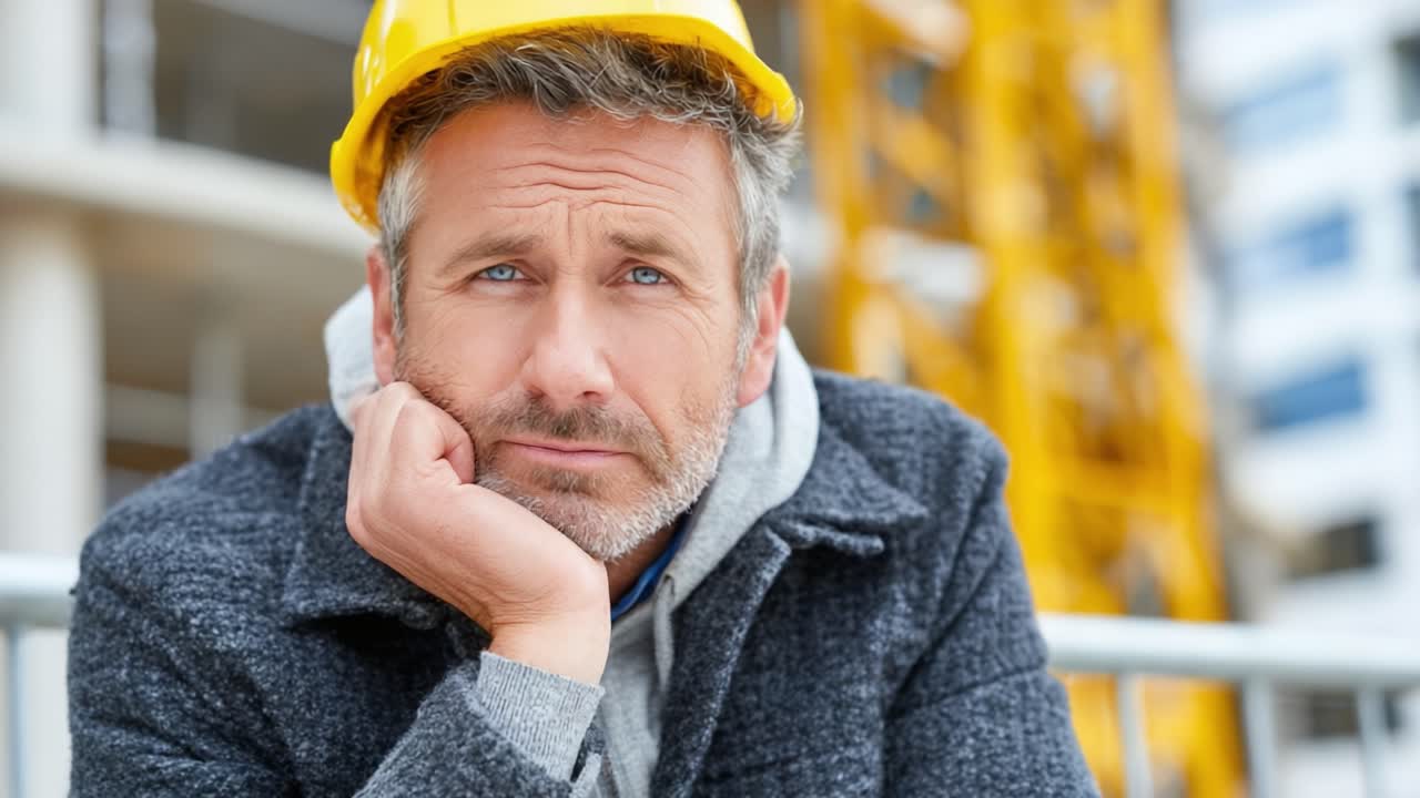 A Thoughtful Construction Worker in a Hard Hat Contemplates His Day at the Job Site Surrounded by Equipment and Building Materials, Reflecting on Challenges Ahead