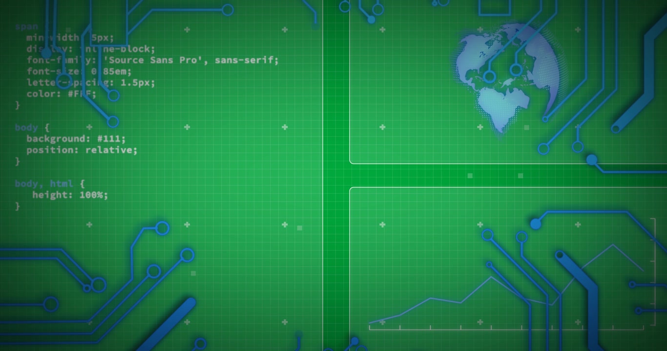 Animation of scope scanning with globe, data processing and blue computer circuit board elements