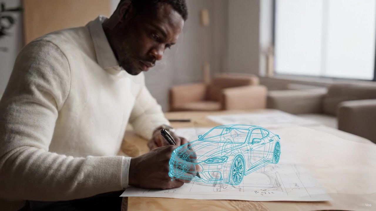Un designer schizza un concept di auto innovativo usando una penna su carta, immaginando i dettagli con una sovrapposizione digitale 3D che rappresenta il veicolo