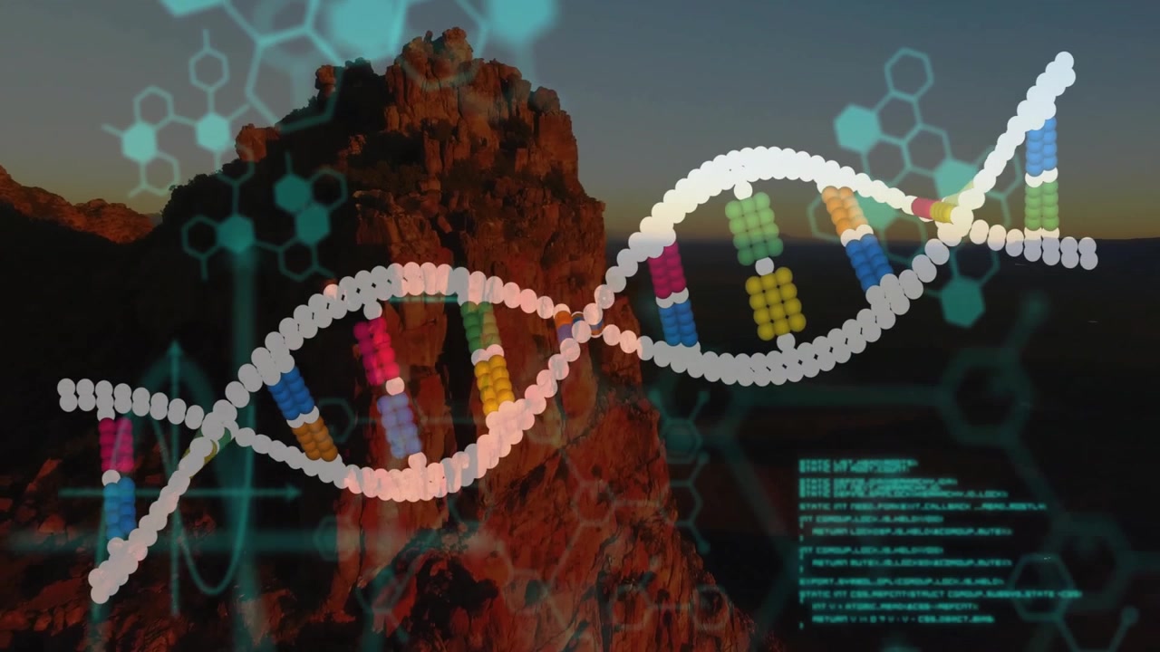 Starting dusk mesa hexagons fading DNA helix emerging sweeping across scrolling code for genomics