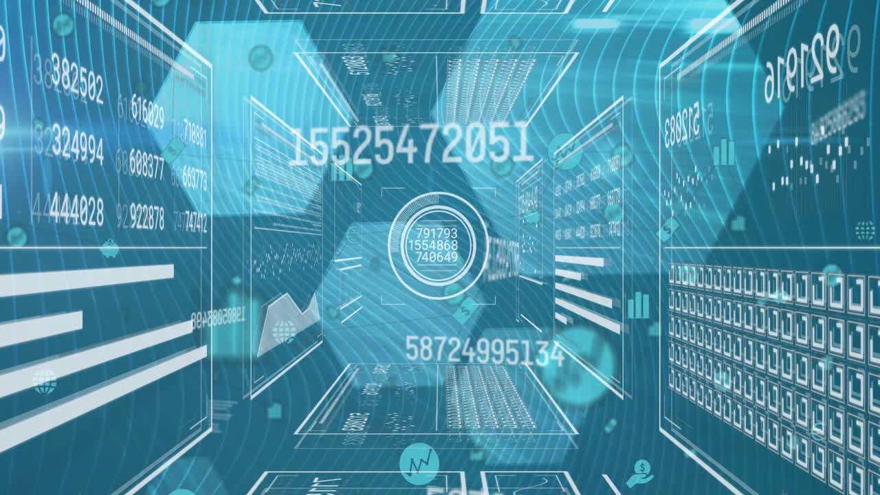 Animation of changing numbers over interface with data processing against blue background