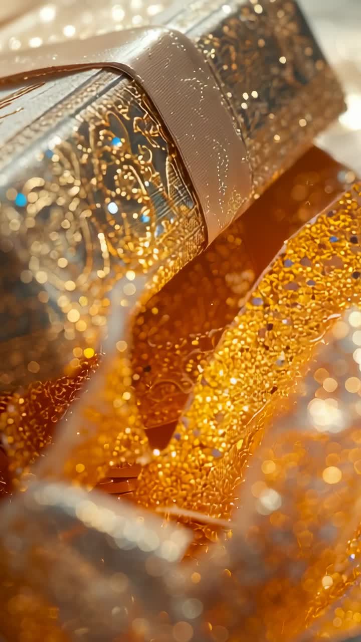 Vertical video: Opening camera gliding across gold filigree with glitter and pale ribbon in studio