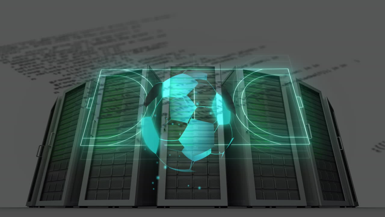 Animation of neon stadium and data processing over server room and football