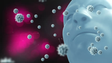 animation of covid 19 cells floating over human head and multiple spots of light in background