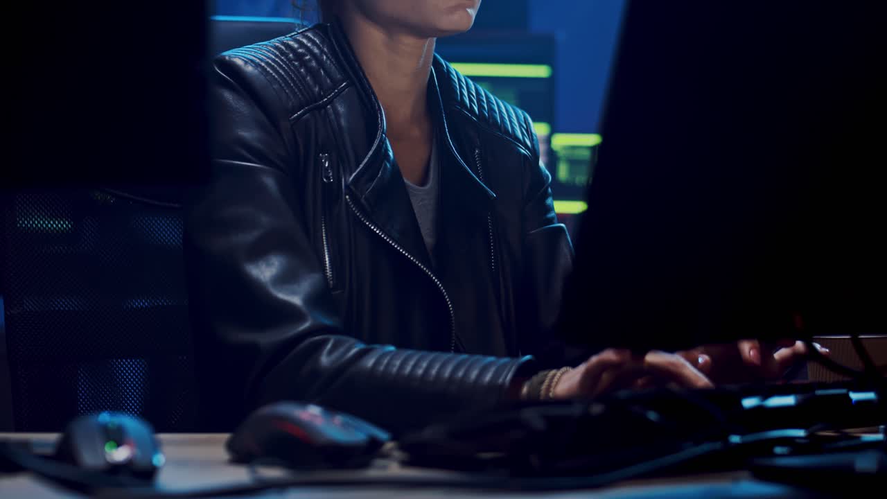 Young Attractive Female Software Developer Working Over Some Virus While Sitting At The Two Computers Screens In The Dark Room And Programming
