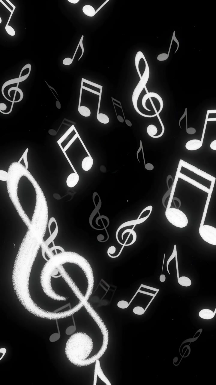 Simboli musicali bianchi si muovono lentamente attraverso uno spazio nero con posizioni e profondità mutevoli, mostrando forme di note luminose, chiavi di violino e una disposizione fluida in un design visivo astratto ad alto contrasto