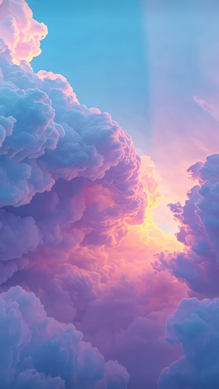 Vertical video: Rising sun widening gap, revealing large cumulus clouds and sunbeams above blue sky