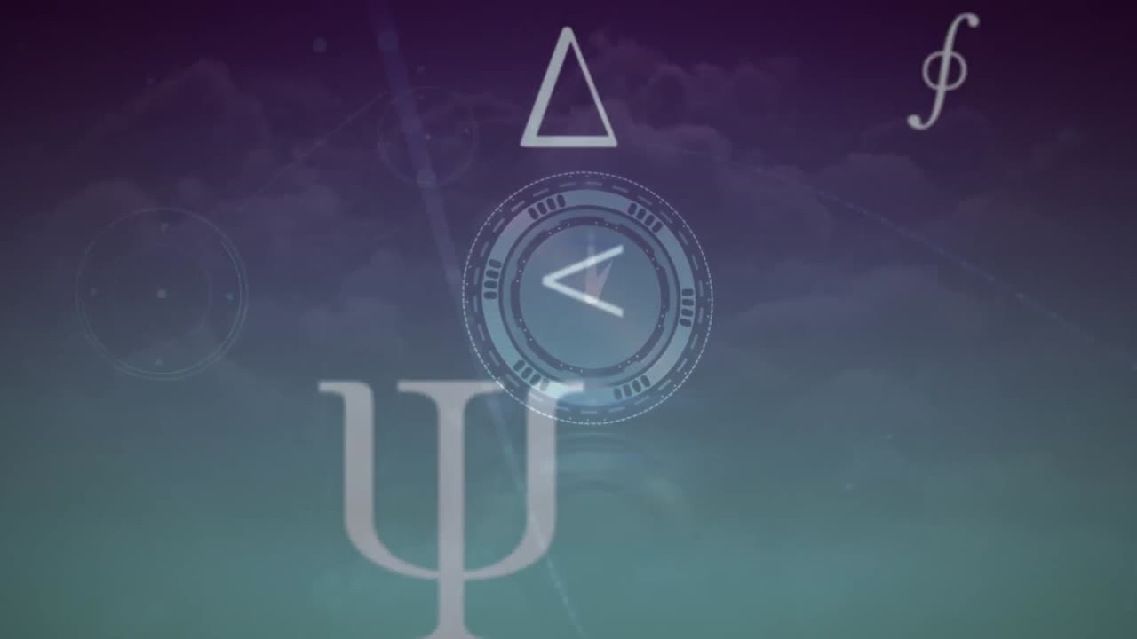 Animation of mathematical symbols floating over ticking clock against clouds in the sky