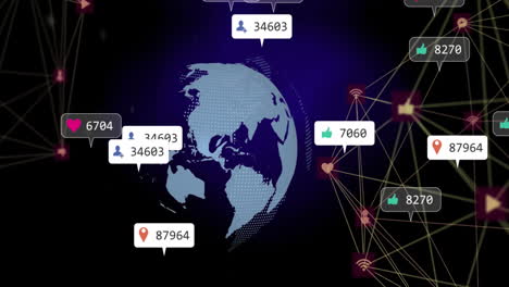 animation of media icons and network of connections over globe