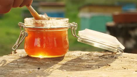 honey dripping into a jar from a dipper near a beehive