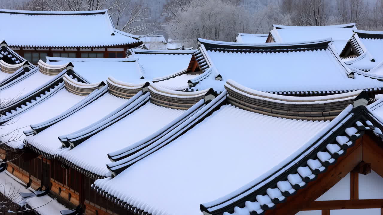 Snow-covered Traditional Korean Rooftops
