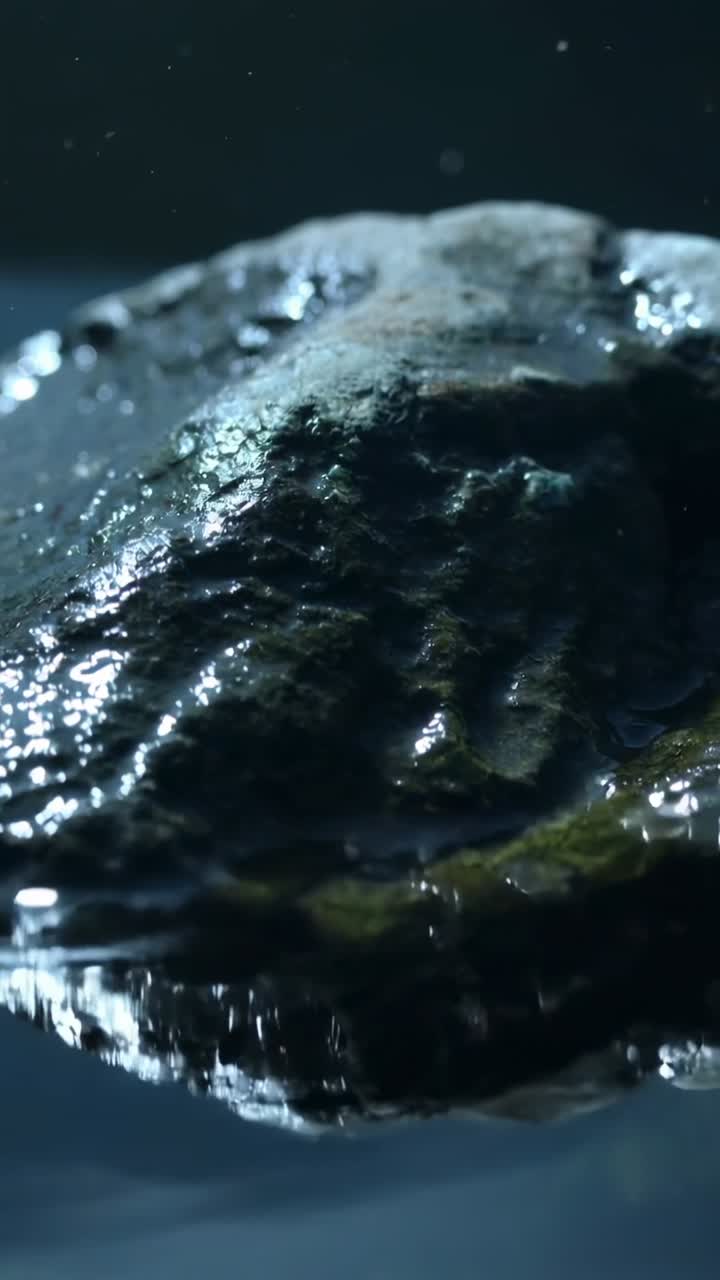 Video verticale: Goccioline che cadono, oggetto rigato bagnato che luccica sulla linea di galleggiamento del serbatoio, creando increspature.