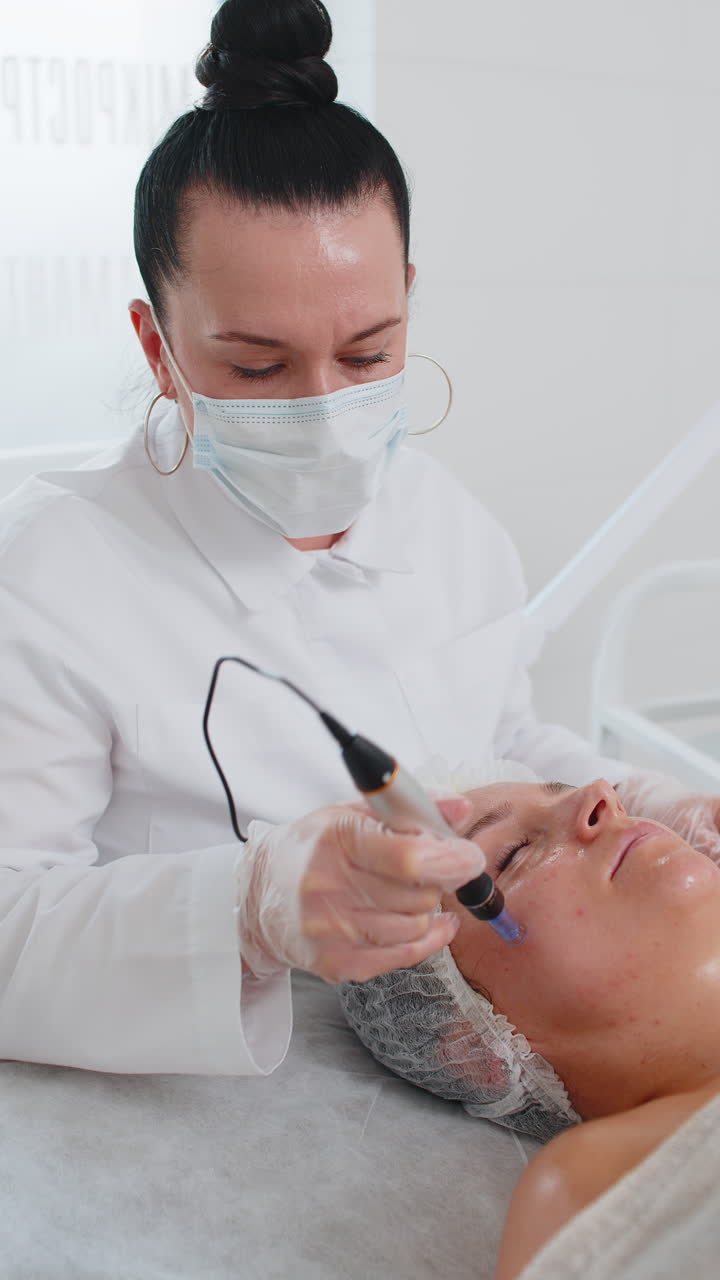 cosmetólogo haciendo el procedimiento de peeling mujer regeneración de la piel dermapen microneedling dermastamp