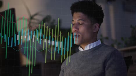 animation of financial data processing over biracial businessman working in office