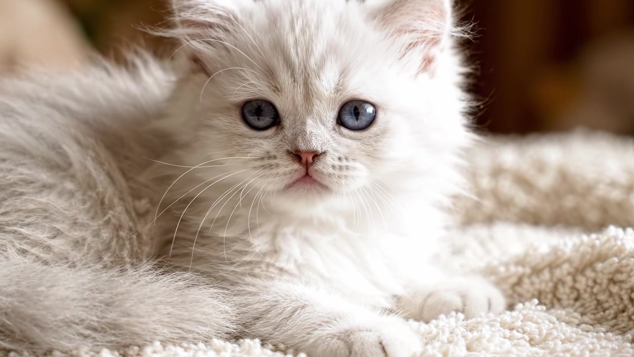 Um Gatinho Branco Encantador com Olhos Azuis Marcantes Relaxando Confortavelmente em uma Superfície de Textura Macia, Capturando a Essência da Inocência Brincalhona e Curiosidade.