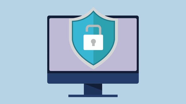Computer Monitor Displaying Cybersecurity Shield and Lock Icon
