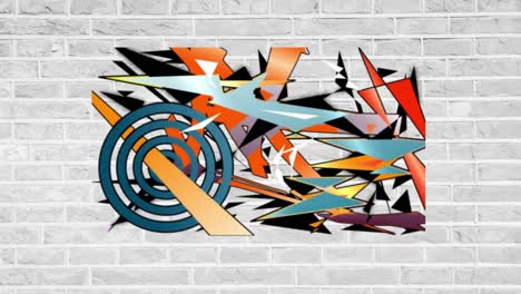 animation of multiple colourful shapes on white brick background