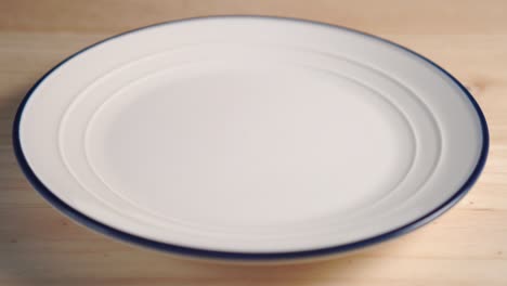 close-up of a white plate with a blue stripe around the edge