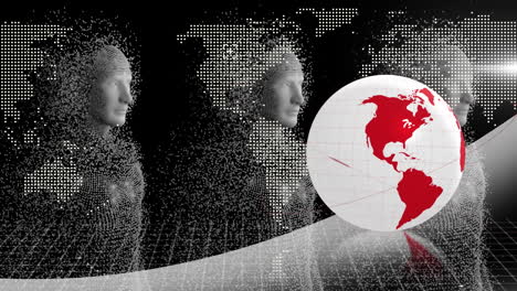 animation of globe and world map over human models on black digital background