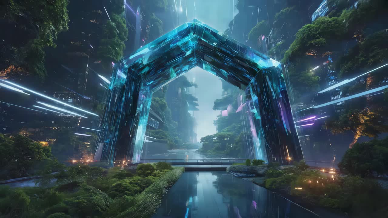 Futuristic Crystal Archway in a Lush, Luminous Landscape