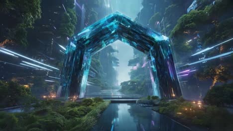 futuristic crystal archway in a lush, luminous landscape