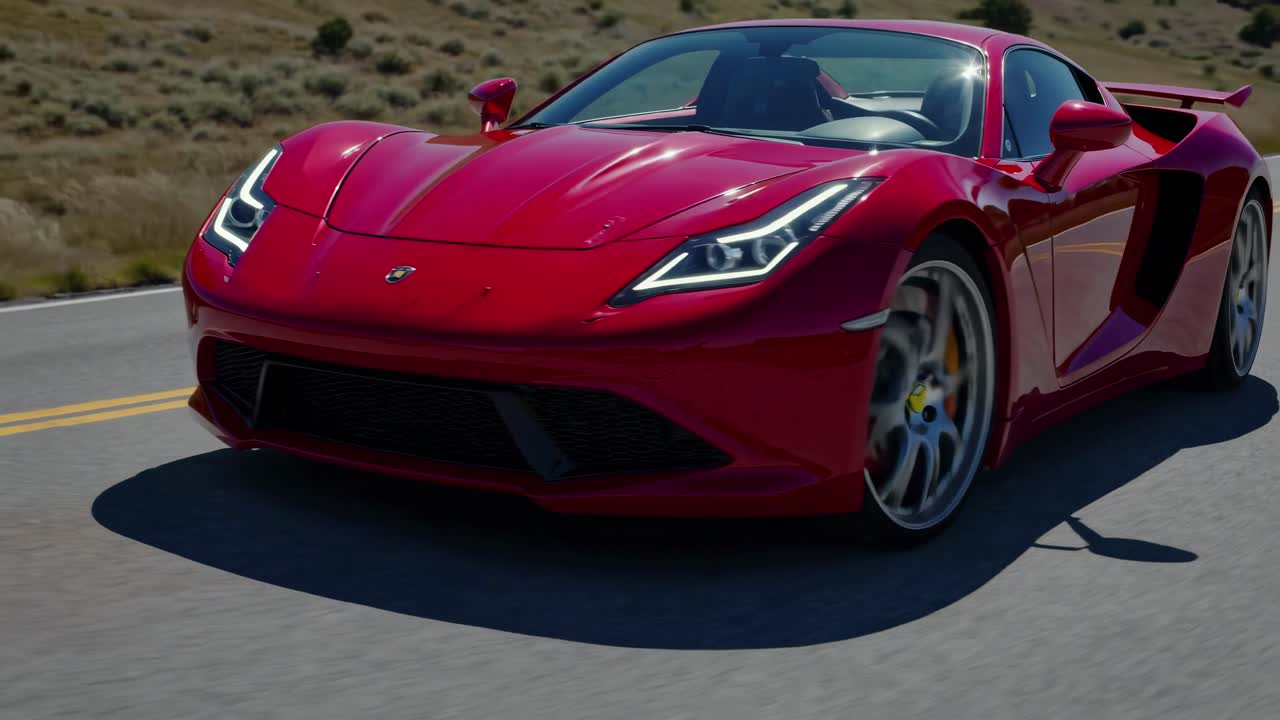 Ripresa video dinamica dal basso di un'elegante auto sportiva rossa che sfreccia su una strada panoramica e aperta.