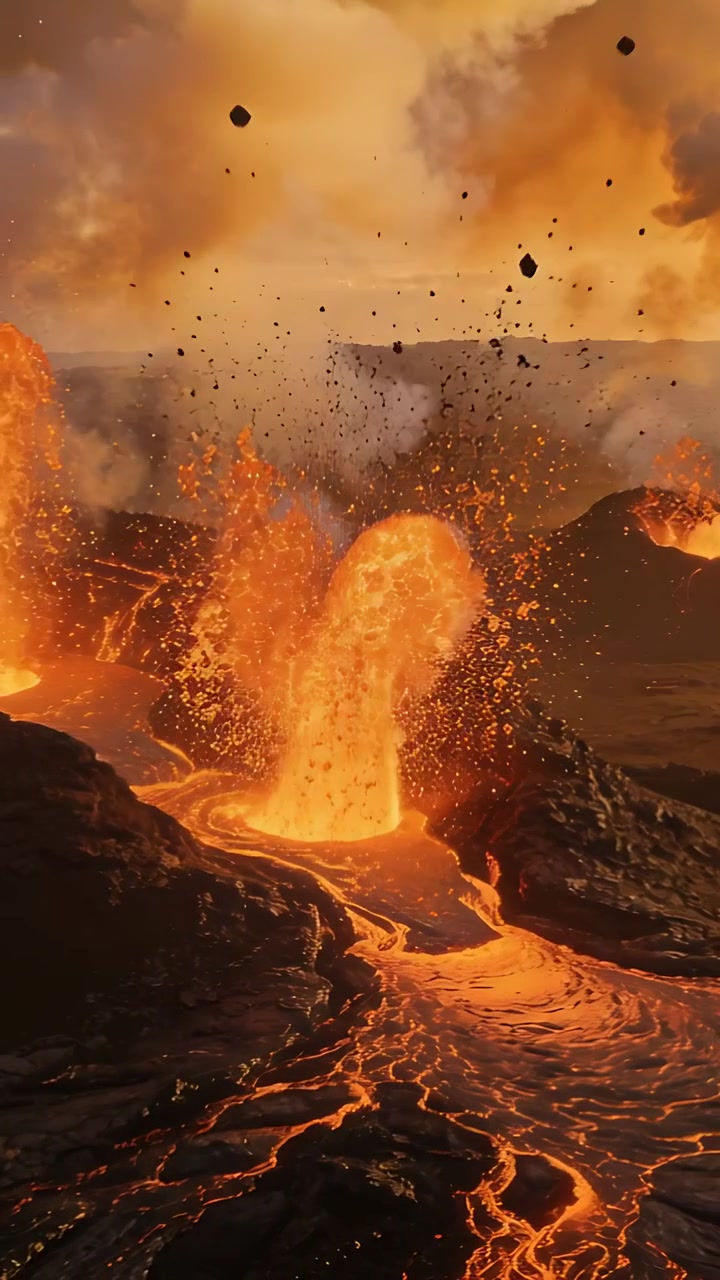 Vertical video: Magma surging inside central vent, fountaining and feeding lava channels with ash