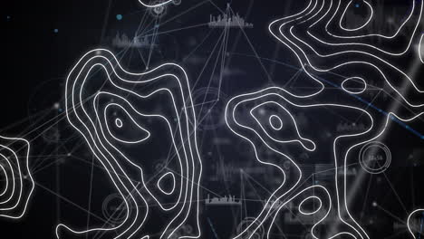 animación de líneas blancas del mapa en movimiento, procesamiento de datos en pantalla y red de conexiones