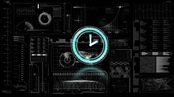 Animation of clock moving over diverse data on black digital screen