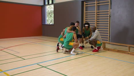 basketball team huddling with coach in gym, strategizing before game