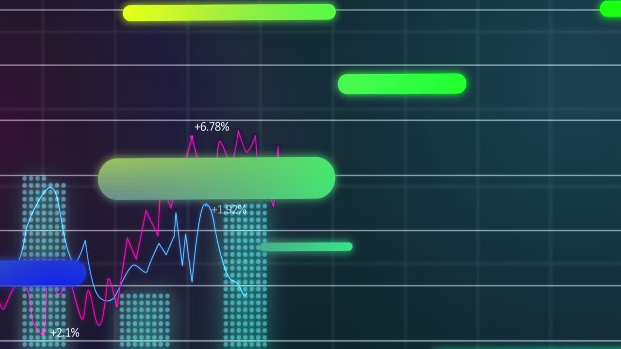 animación de barras móviles sobre múltiples gráficos con números cambiantes contra un fondo negro