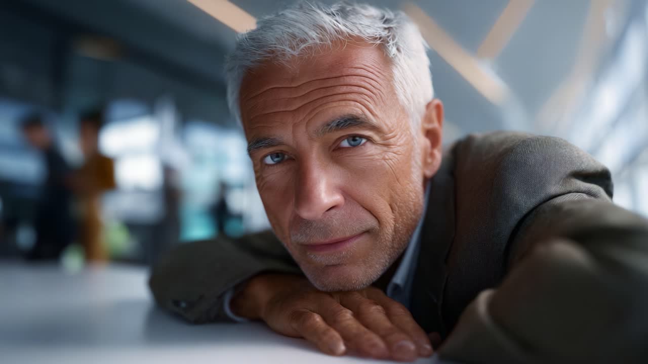 Primo piano di un uomo maturo con capelli argentei e occhi azzurri, che trasmette sicurezza e perspicacia in un ambiente contemporaneo con illuminazione soffusa