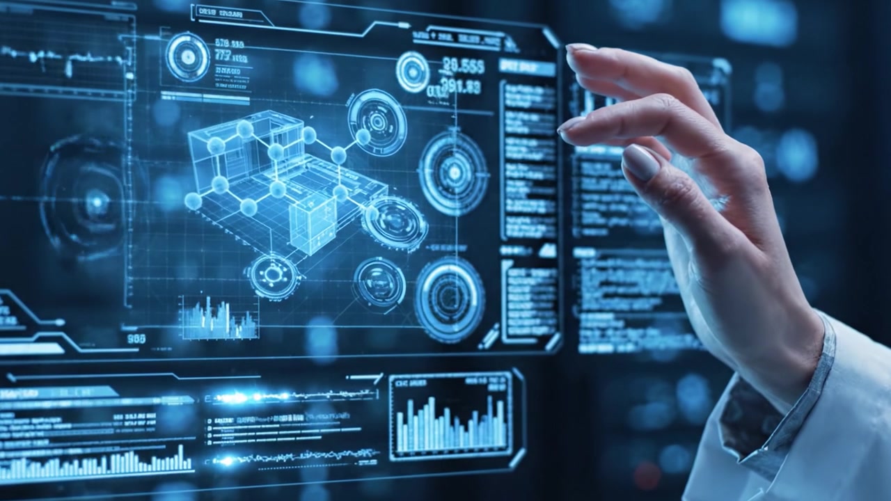 Exploring Advanced Data Visualization: A Hand Interacting with Interactive Graphs and Analytics on a High-Tech Display Screen in a Modern Laboratory Environment