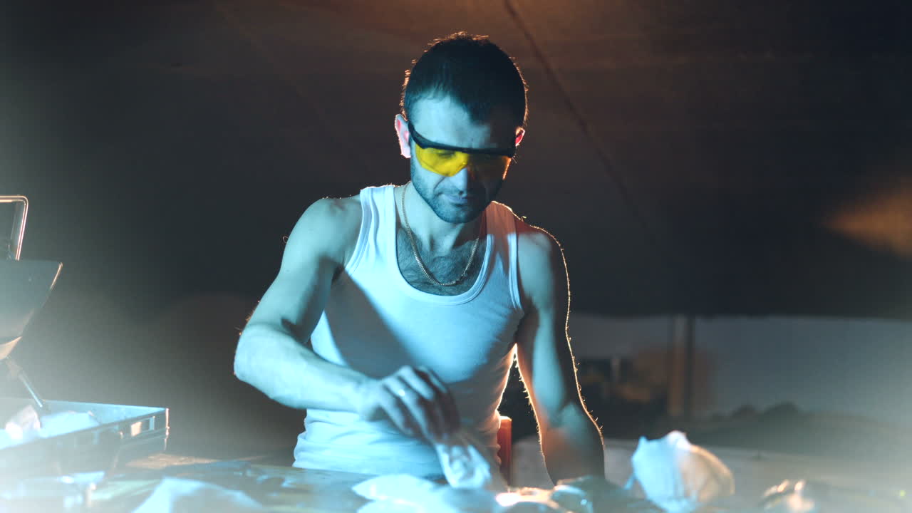 drug dealer in eyeglasses is packing drugs into suitcase at home. Illegal business.