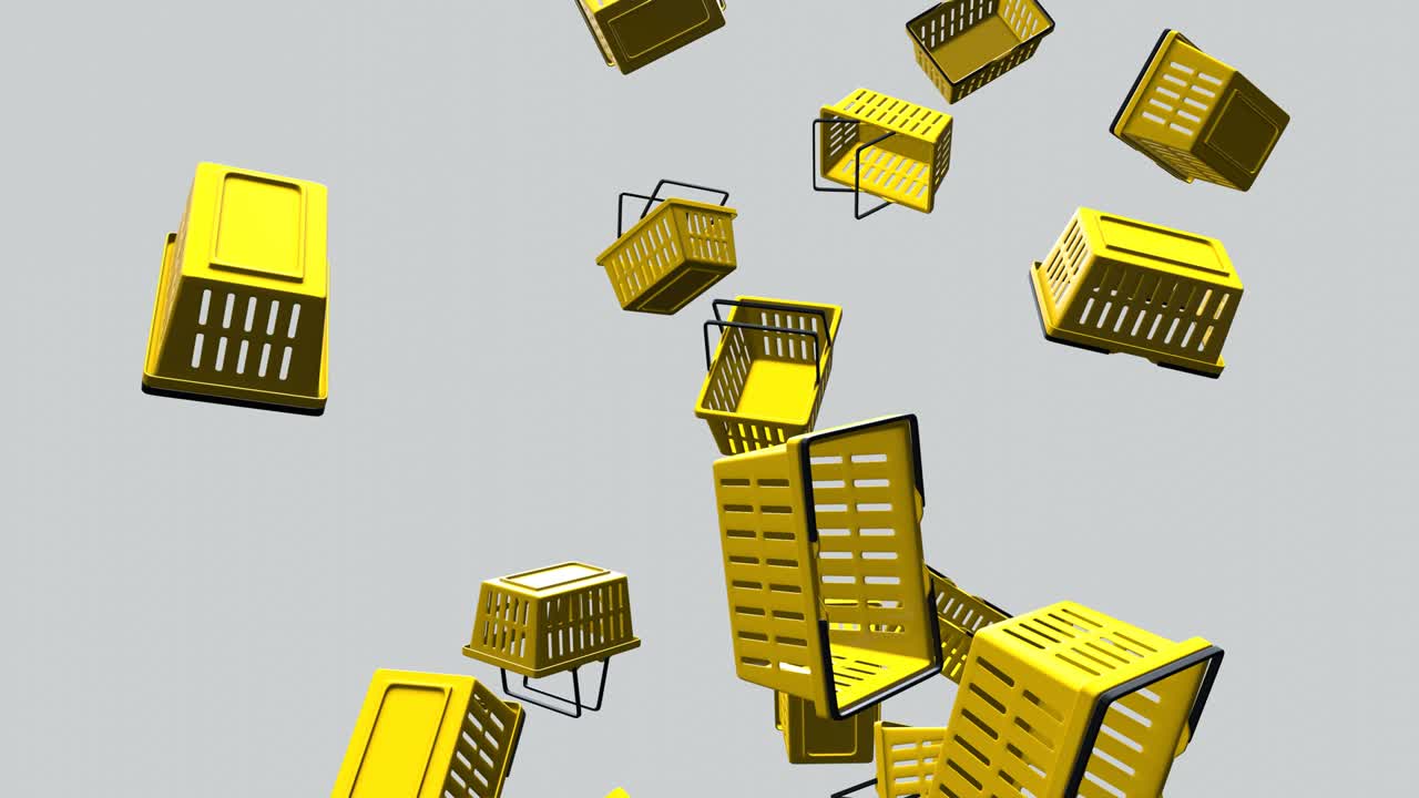 Yellow plastic shopping baskets on pale gray background.