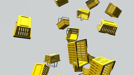 yellow plastic shopping baskets on pale gray background.