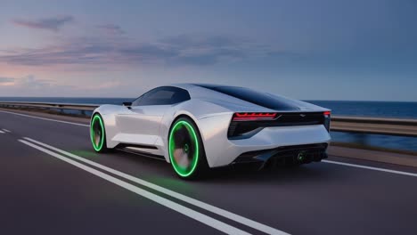 sleek white sports car with glowing green wheels on a coastal highway at sunset