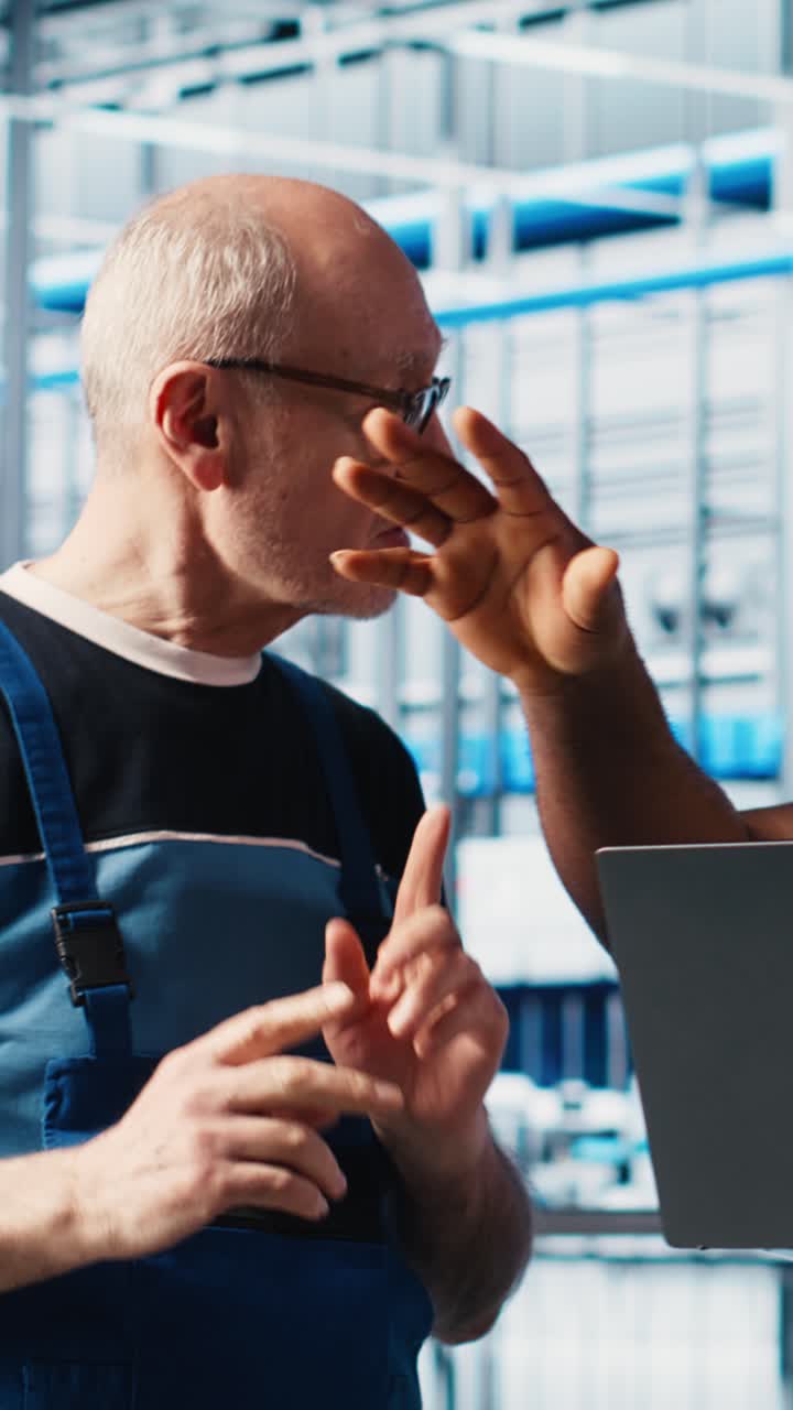 Vertical video Smart factory senior engineer teaching new trainee to manage robotic arms